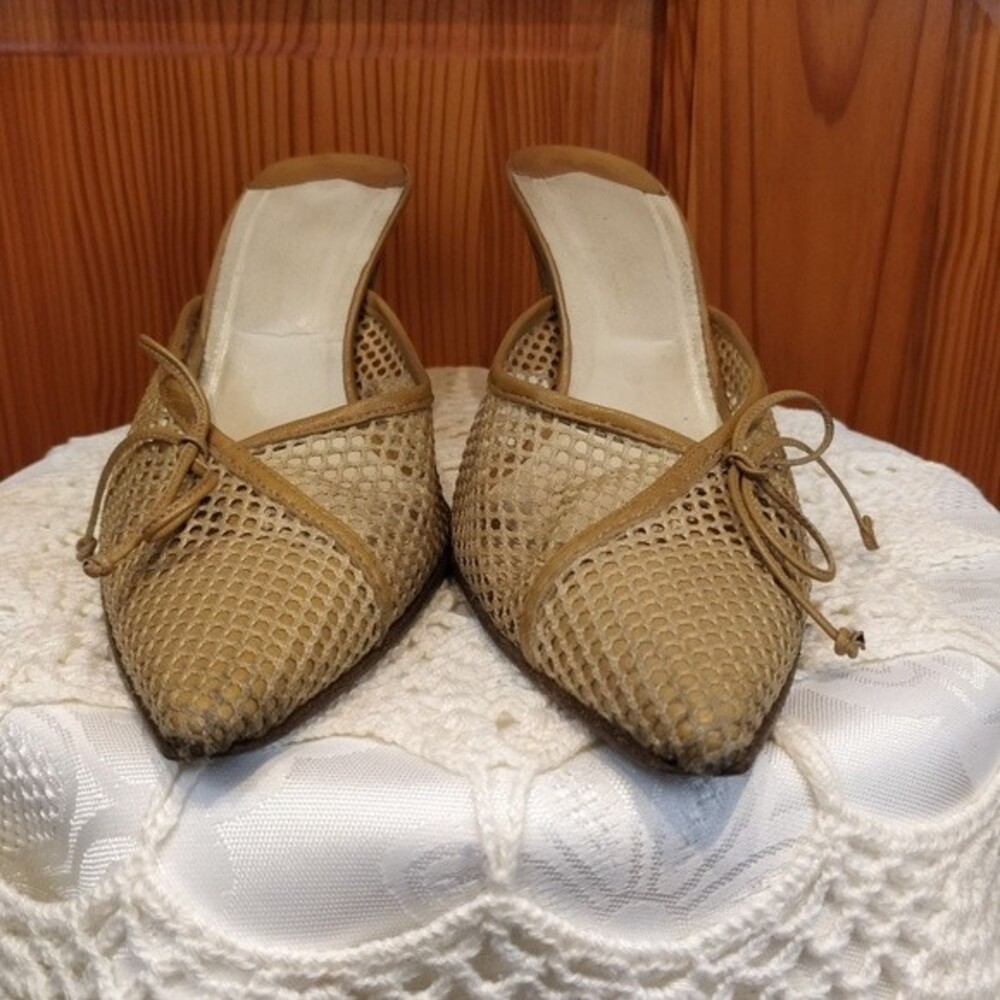 Avc Adriana V. Campanile Tan Mesh Pointed Toe Mules Italy Heels Women's 39